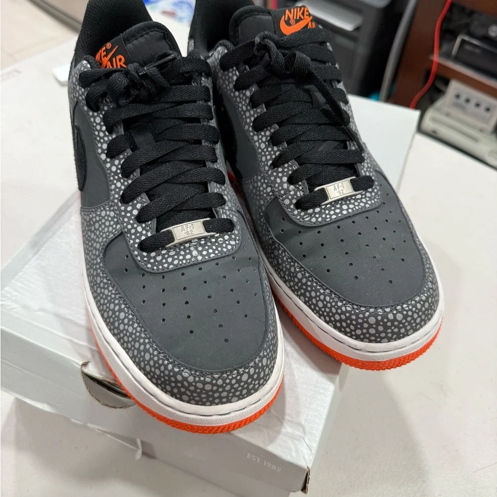 Nike Air Force 1 Gray, Black, and Orange Elephant Print Sneakers Size 9.5 Men